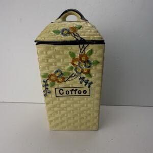 Vtg Hotta Yu Shoten Japanese Basketweave Majolica Blossom Coffee Canister 8.75”